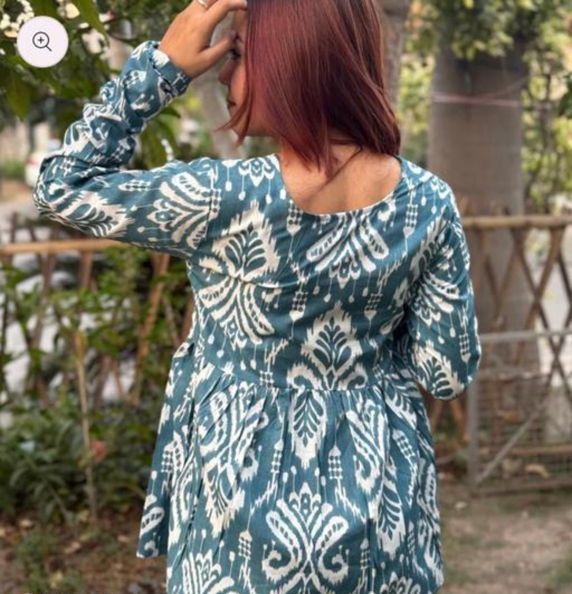 Teal Blue Ikat Print Cotton Flared Kurti – Handcrafted Empire Top by Noori