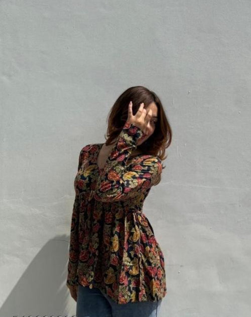 Black Floral Mughal Print Cotton Flared Top – Boho Empire Kurti by Noori