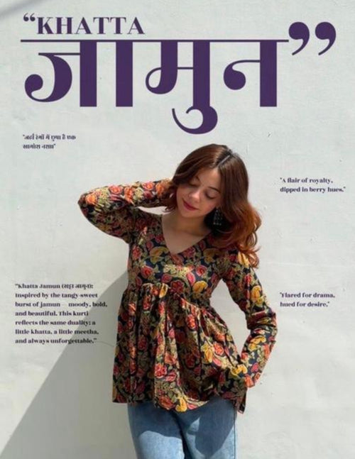 Black Floral Mughal Print Cotton Flared Top – Boho Empire Kurti by Noori