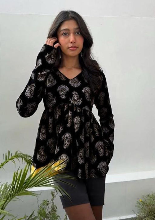 Black Paisley Cotton Empire Kurti – Elegant Everyday Flare by Noori
