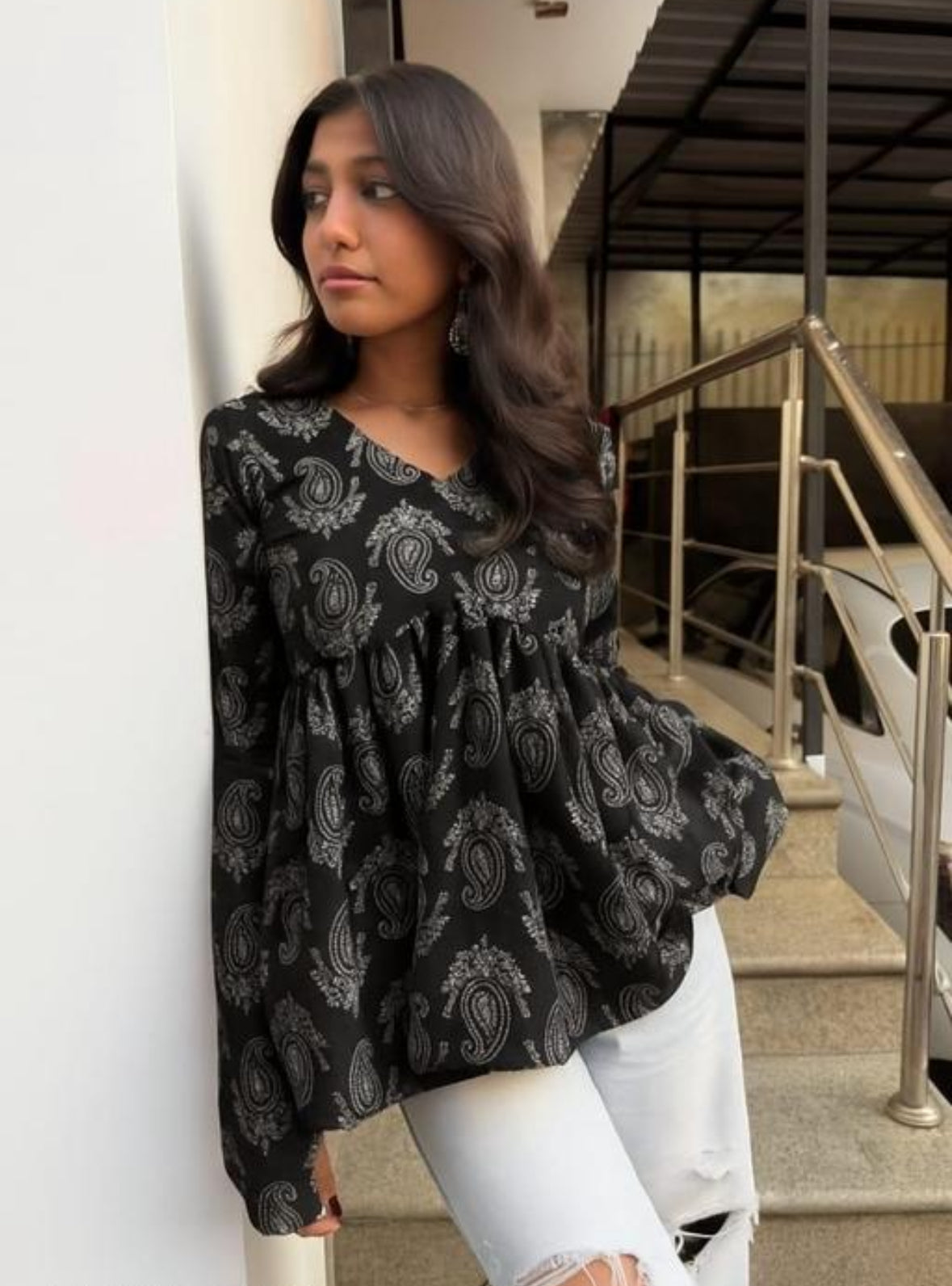 Black Paisley Cotton Empire Kurti – Elegant Everyday Flare by Noori