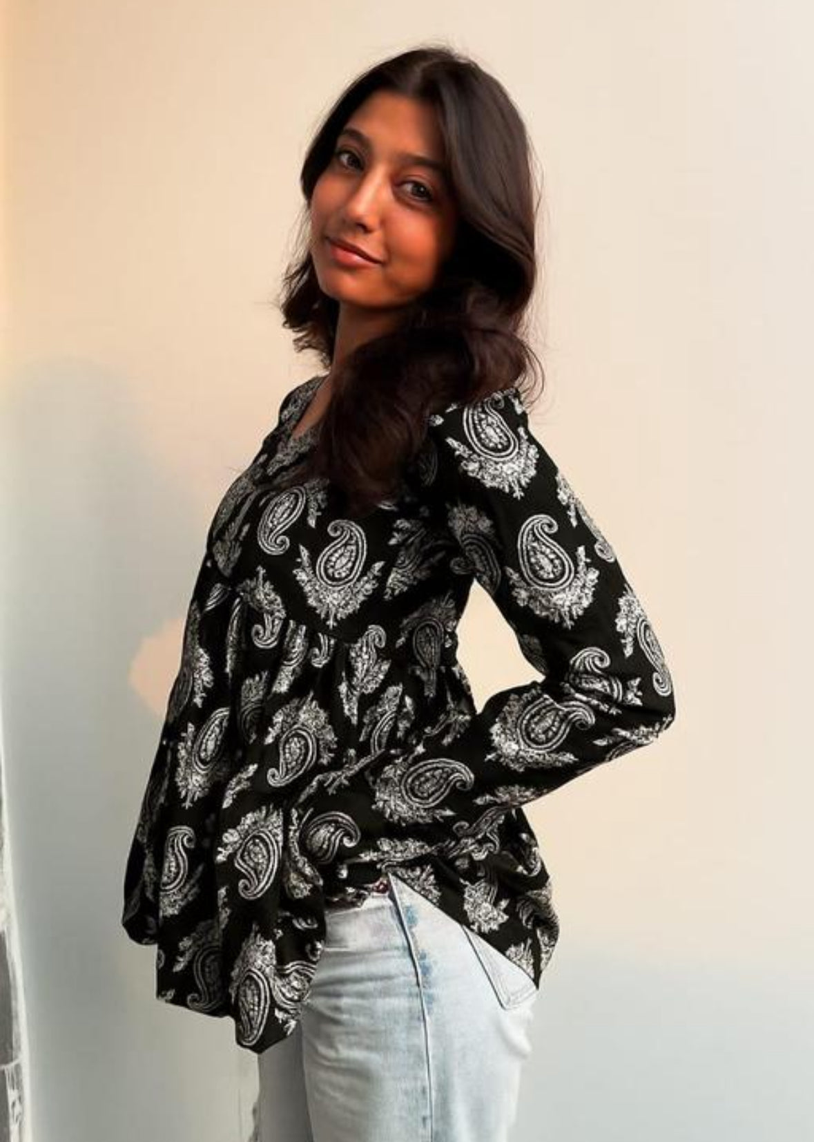 Black Paisley Cotton Empire Kurti – Elegant Everyday Flare by Noori