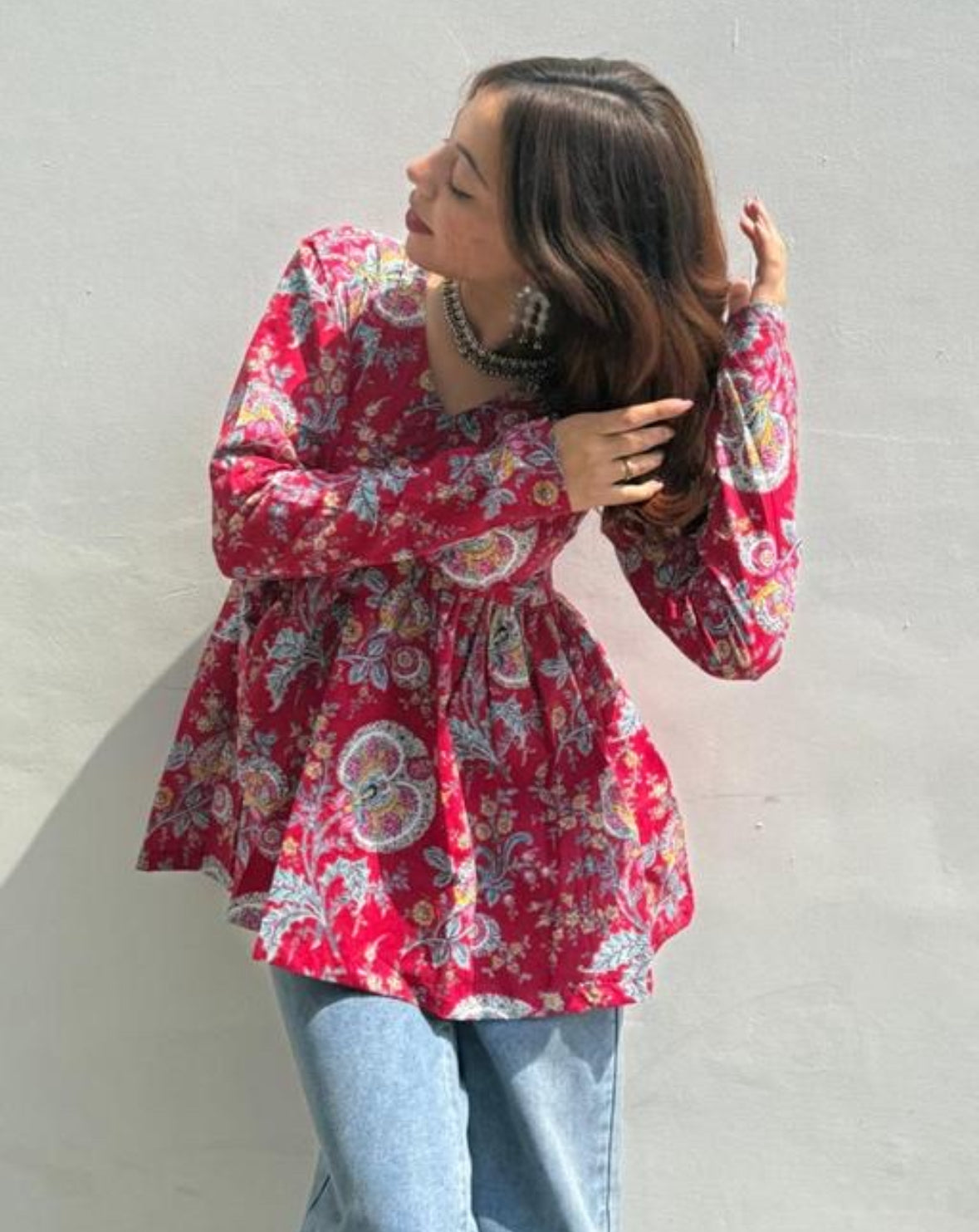 Red Paisley Cotton Flared Top – Bohemian Empire Kurti by Noori