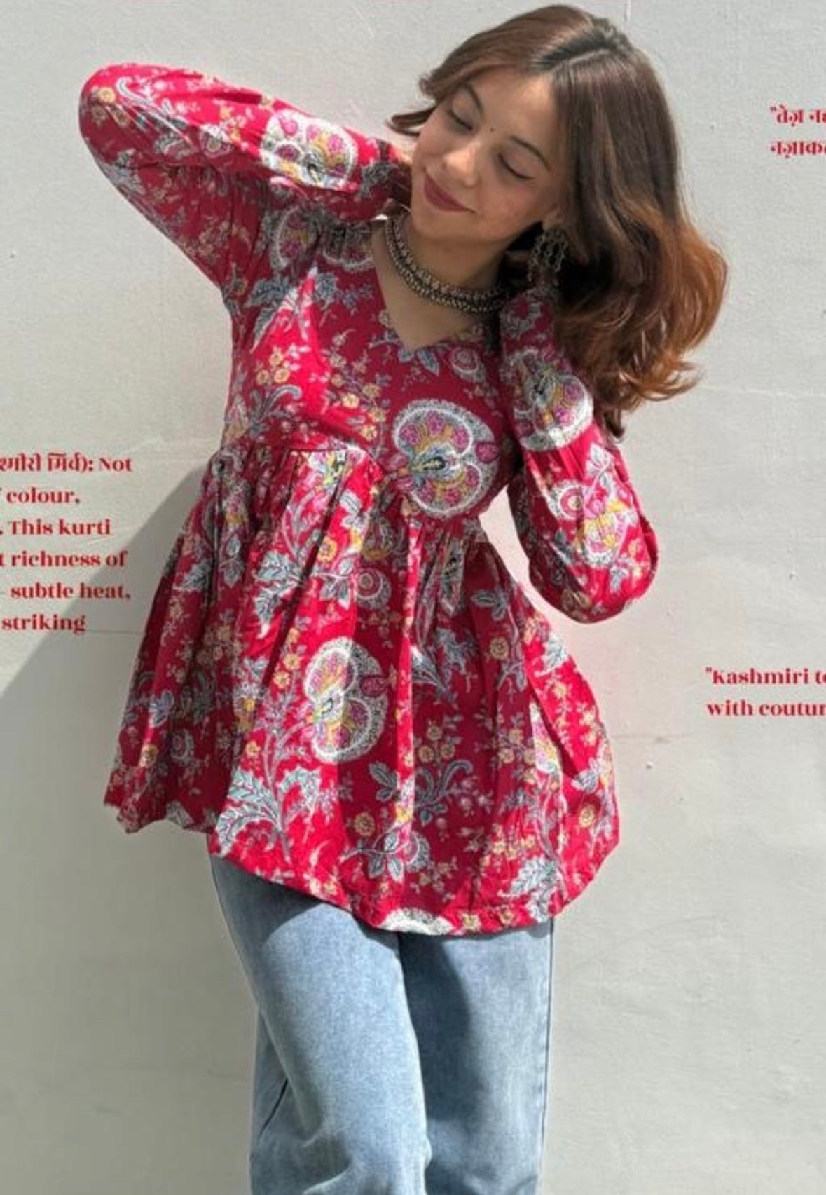 Red Paisley Cotton Flared Top – Bohemian Empire Kurti by Noori