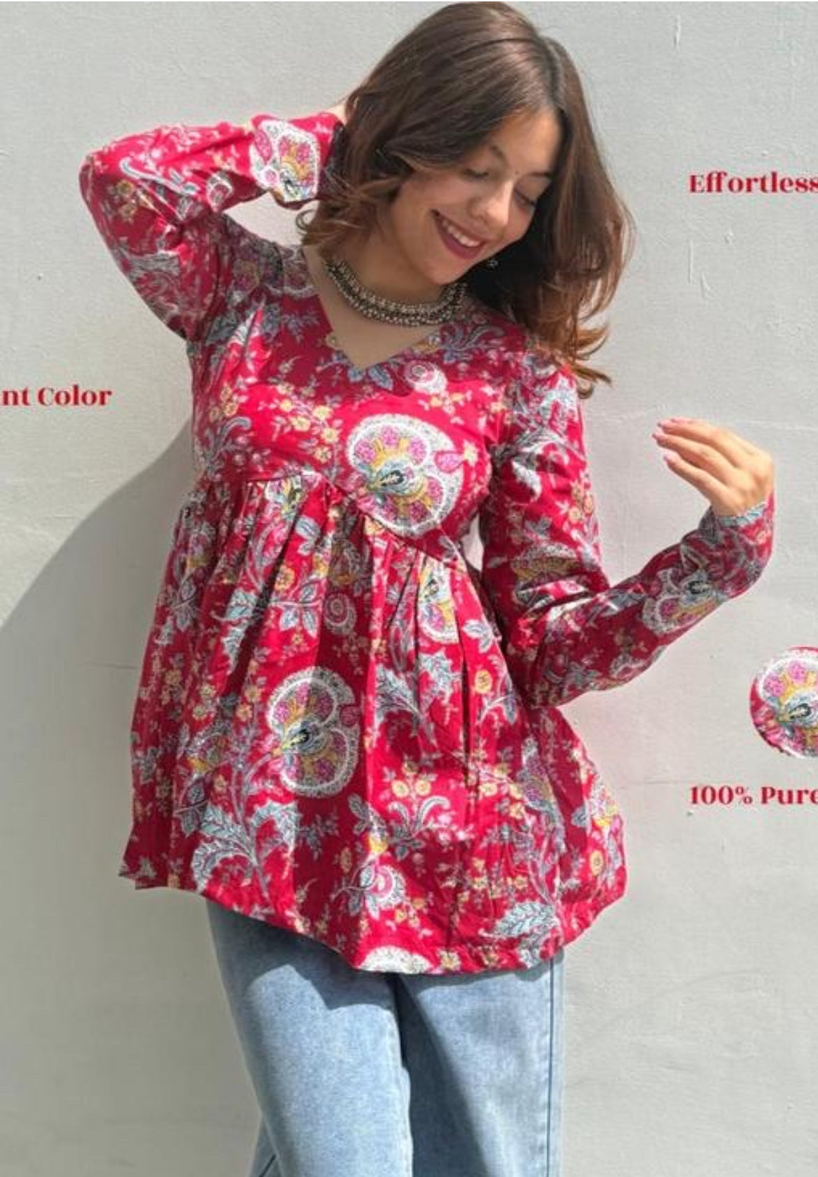 Red Paisley Cotton Flared Top – Bohemian Empire Kurti by Noori